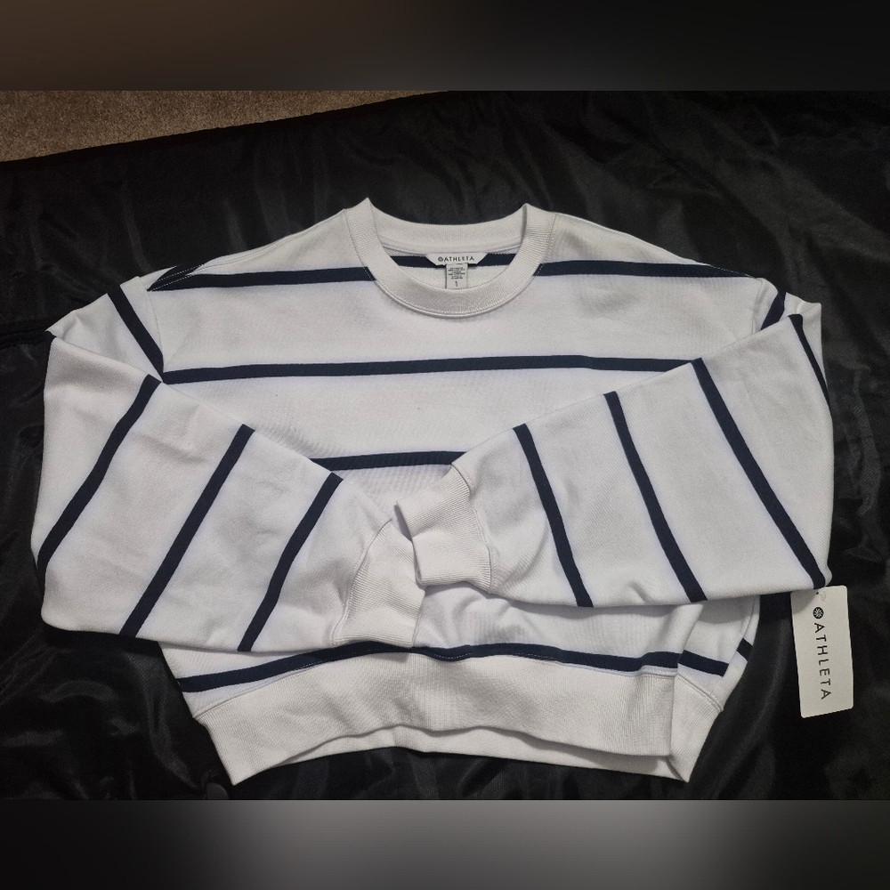 NWT. Athleta White and Navy Striped Cropped Sweatshirt